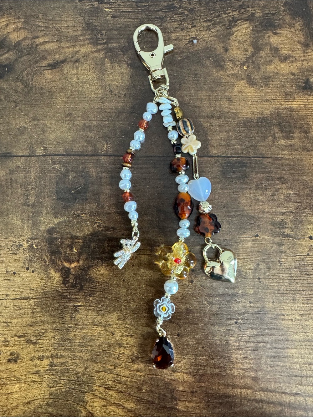 EyeCandy Beaded Charm Keychain with Gold Heart & Amber Accents